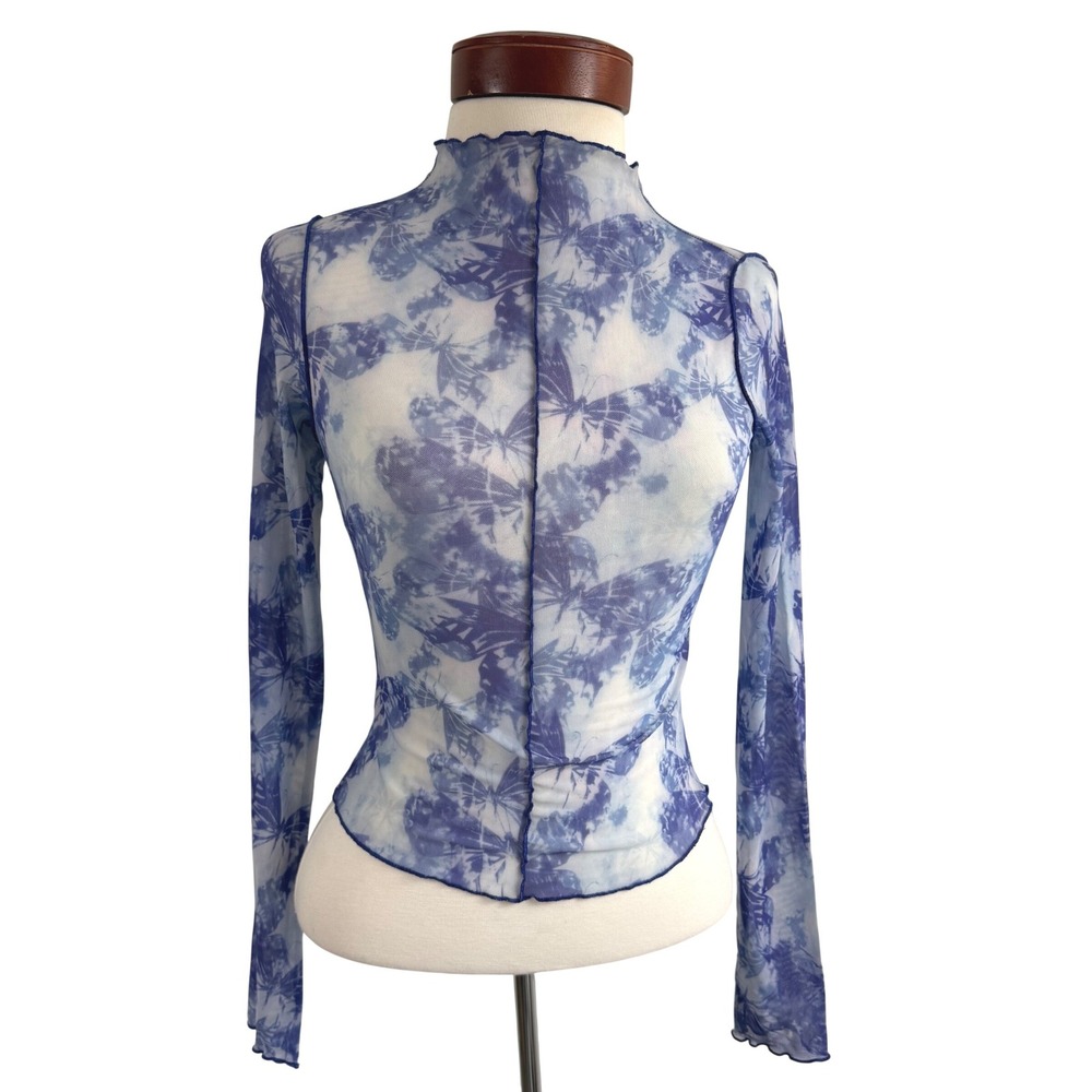 Forever 21 Mesh Butterfly Print Top S Blue Mock Neck Lettuce Trim Y2K Fairycore